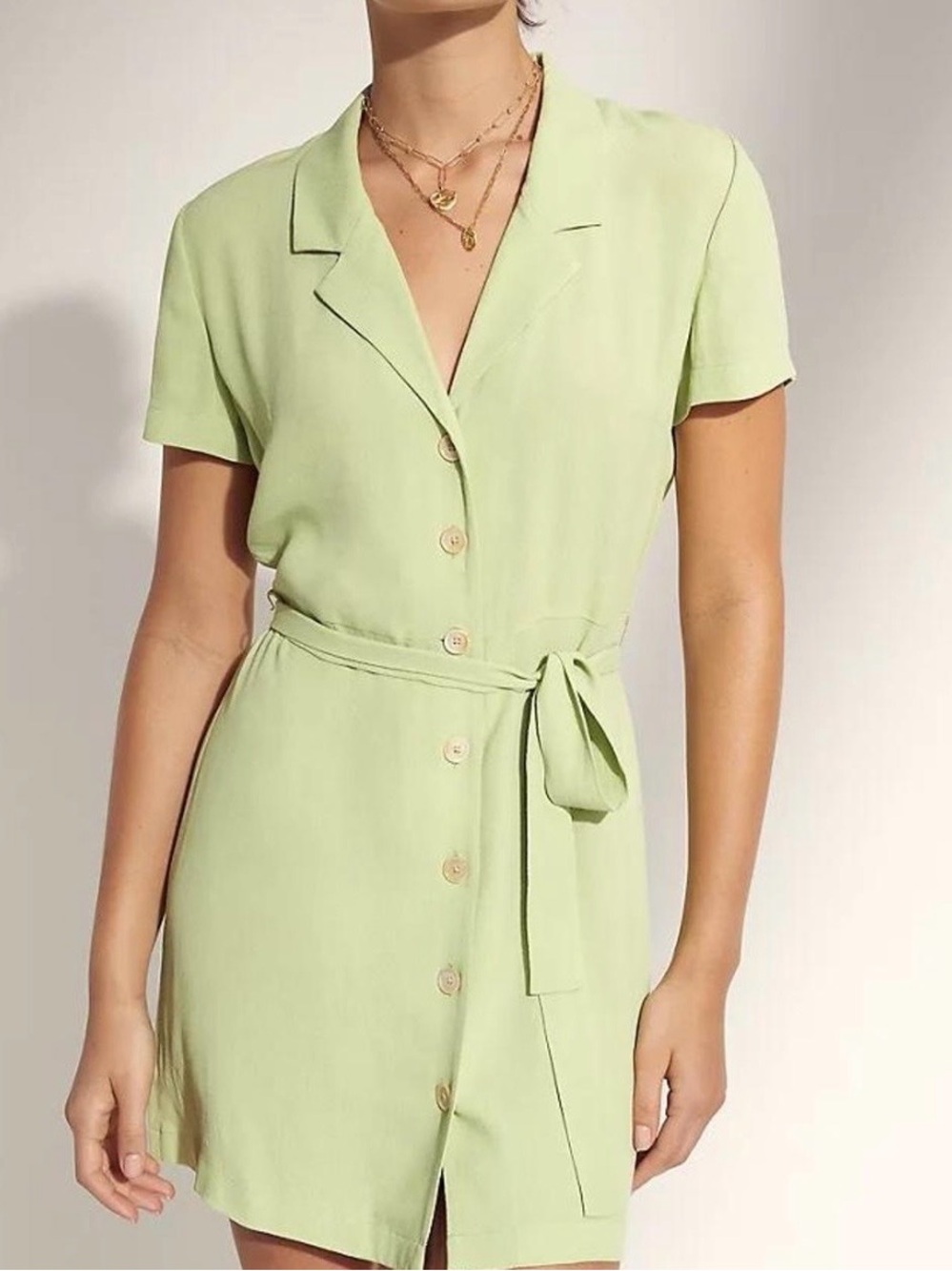 Aritzia Wilfred pistachio Green Button-Front Tie-Waist Mini Dress